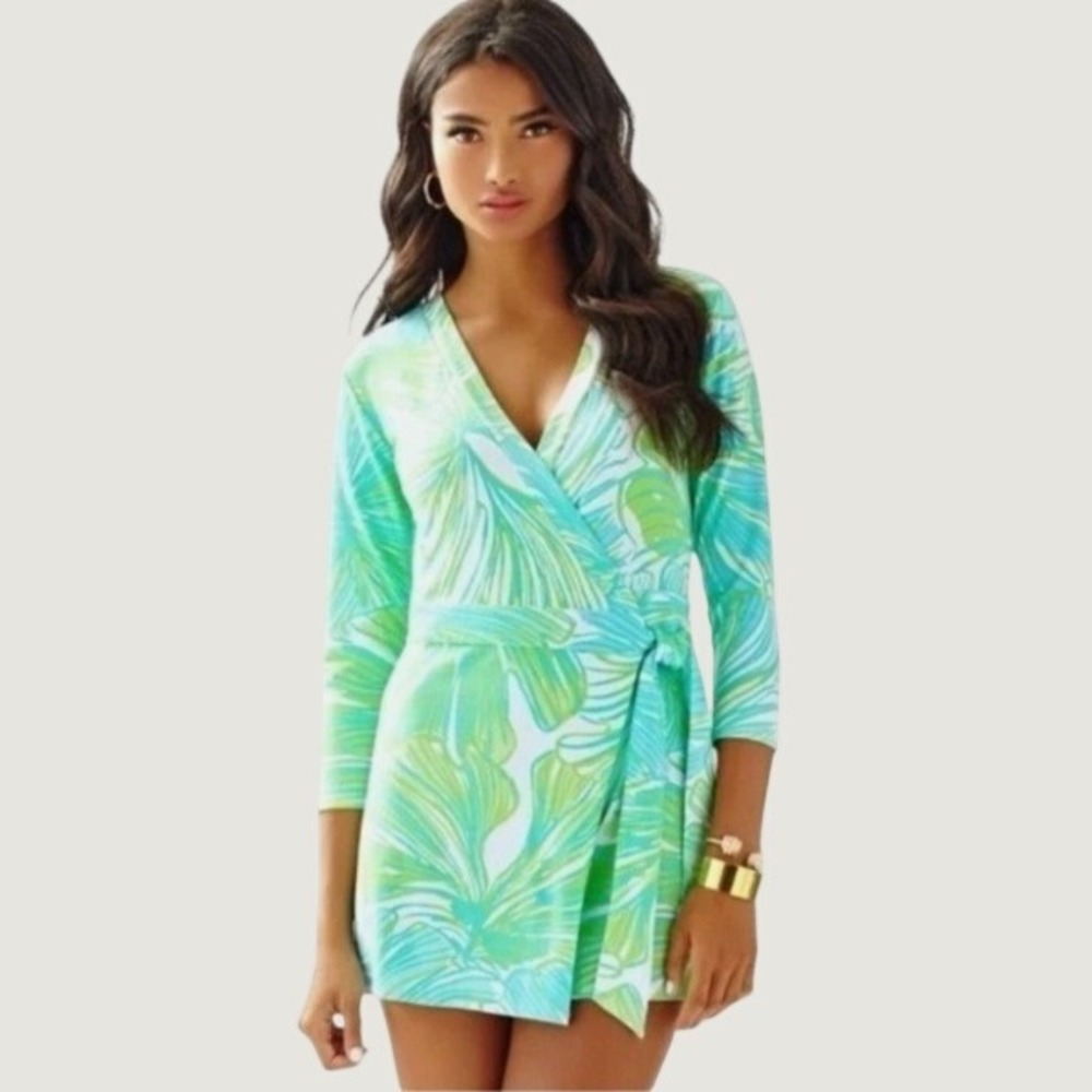 Lilly Pulitzer Karlie Wrap Romper Women Large Green Tropical Palm Preppy Coastal